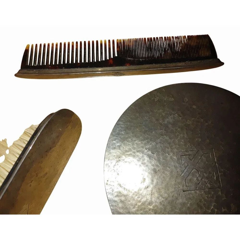 Lebolt 925 Sterling Antique Arts Crafts Hammered Silver Vanity Set Mirror Brush